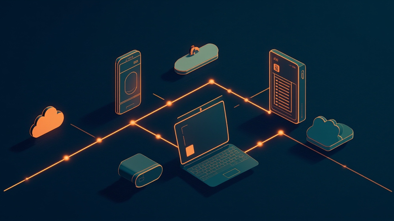 Isometric illustration of a tall rounded phone and a tablet with simple app screens, a laptop, an app card stack and a cloud