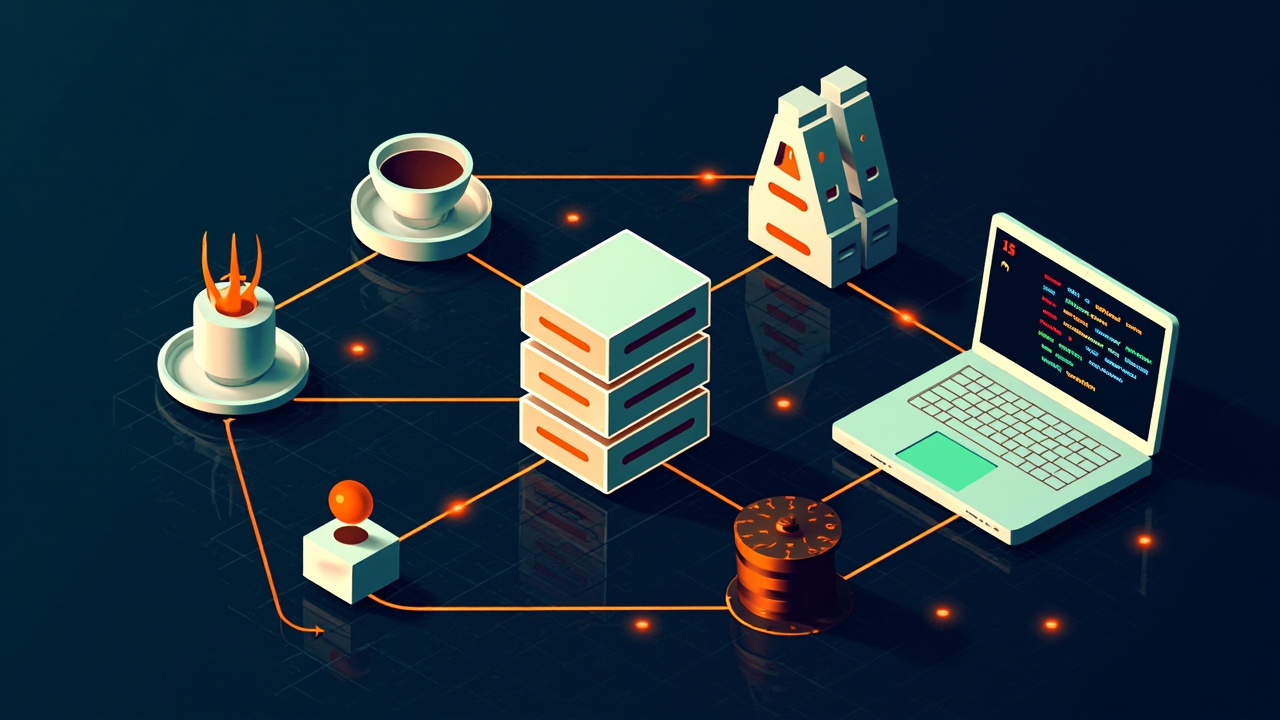 Isometric illustration of a coffee cup, a stack of server blocks, a gear train and a laptop with a code-block window