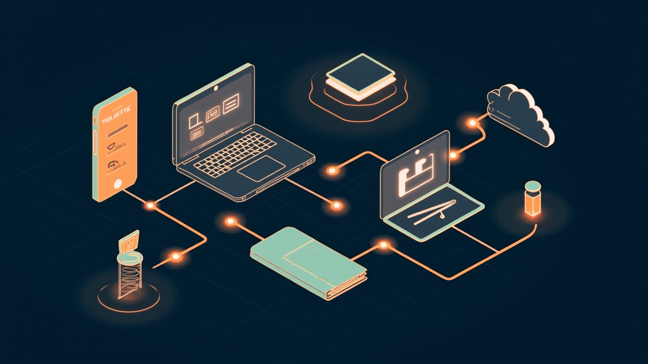 Isometric illustration of a phone with app blocks, a laptop, a toolbox and a flow of pipes into a small cloud