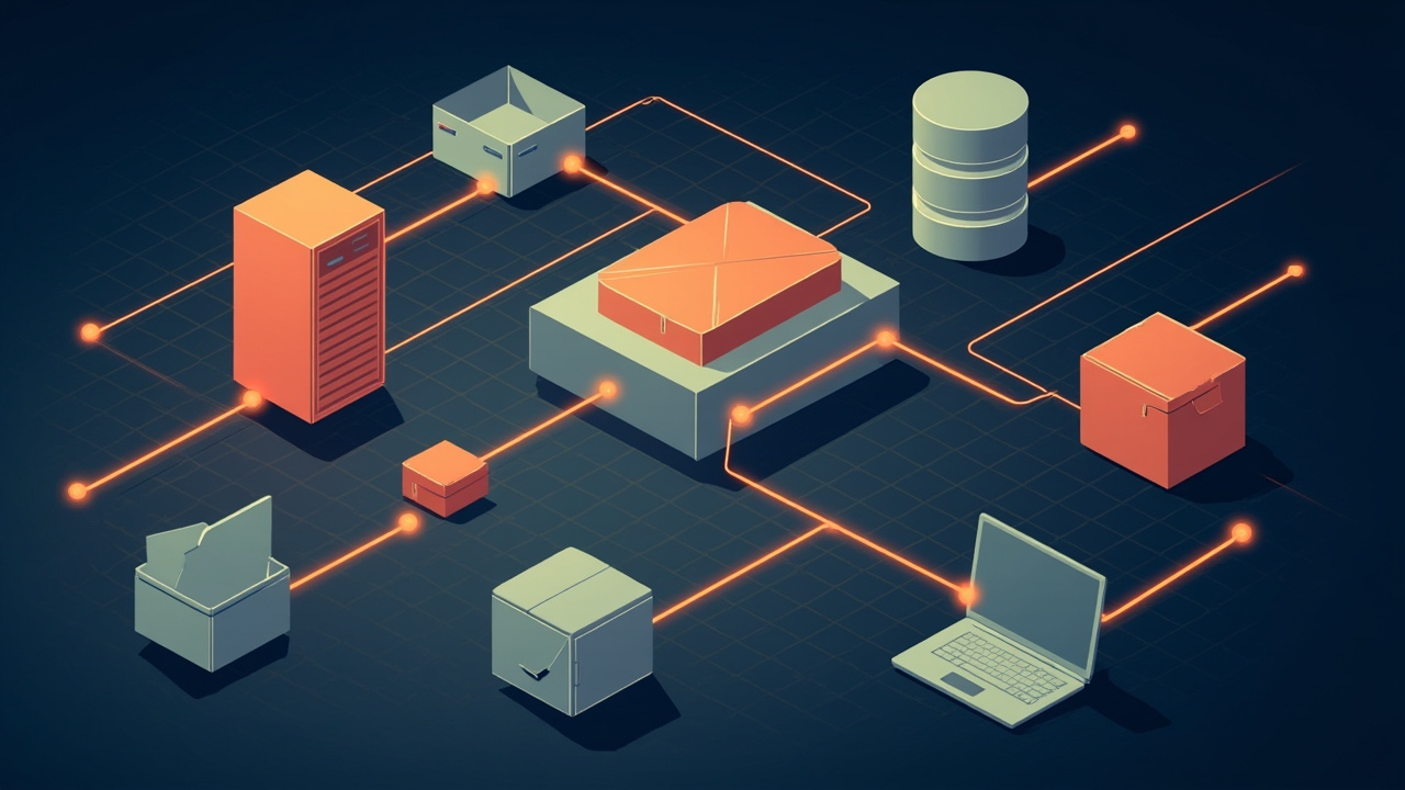 Isometric illustration of a red-tinted web server block, a database cylinder, a mail envelope, a queue of boxes and a laptop