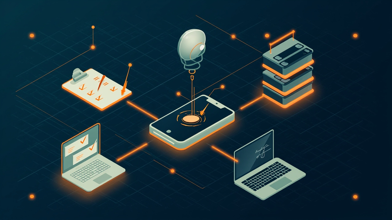 Isometric illustration of a clipboard with tick boxes, a magnifying glass over a phone screen, a rack of test devices, a laptop