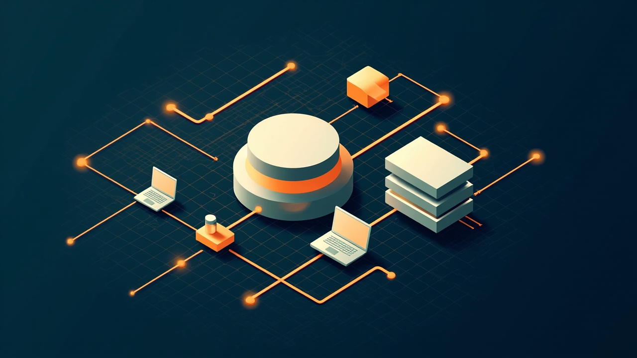 Isometric illustration of four stacked platform layers from database to browser, connected by pipes, with a laptop