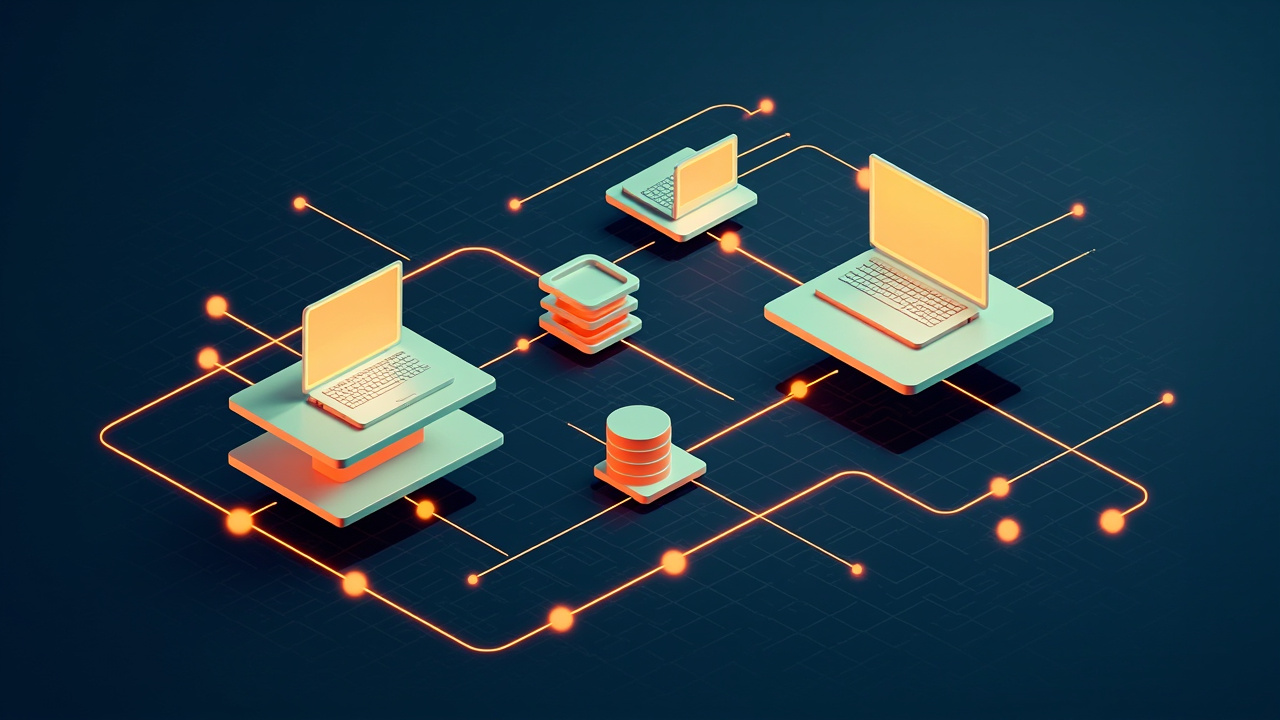 Isometric illustration of four stacked platform layers with a browser on top and a database below, pipes between them, a laptop