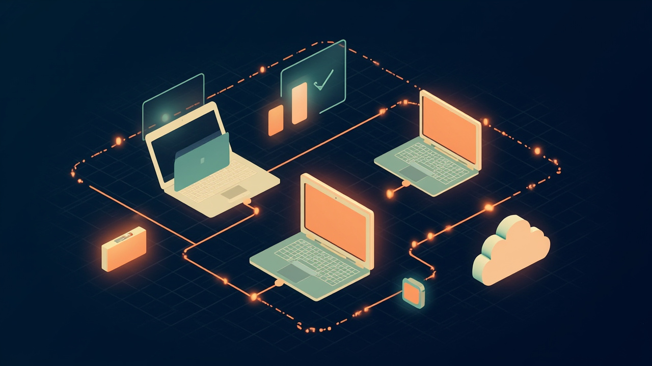 Isometric illustration of a phone, a tablet and a smartwatch showing one app, a laptop and a cloud