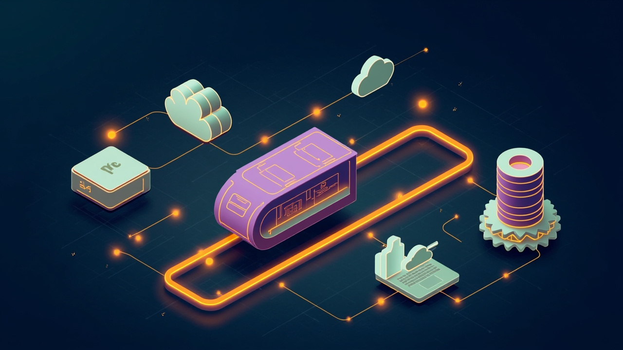 Isometric illustration of a purple-tinted server block, a gear train, a database cylinder, a laptop and a cloud