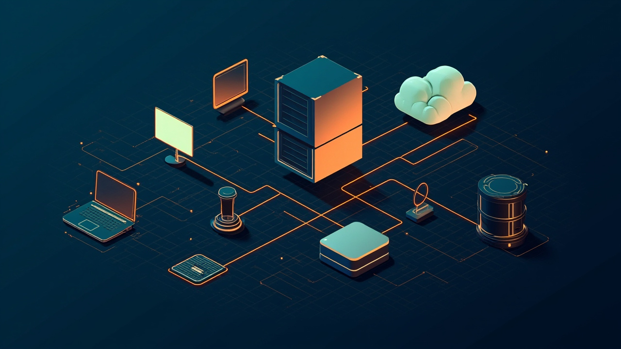 Isometric illustration of a stack of enterprise server blocks, a desktop monitor, a database cylinder and a laptop