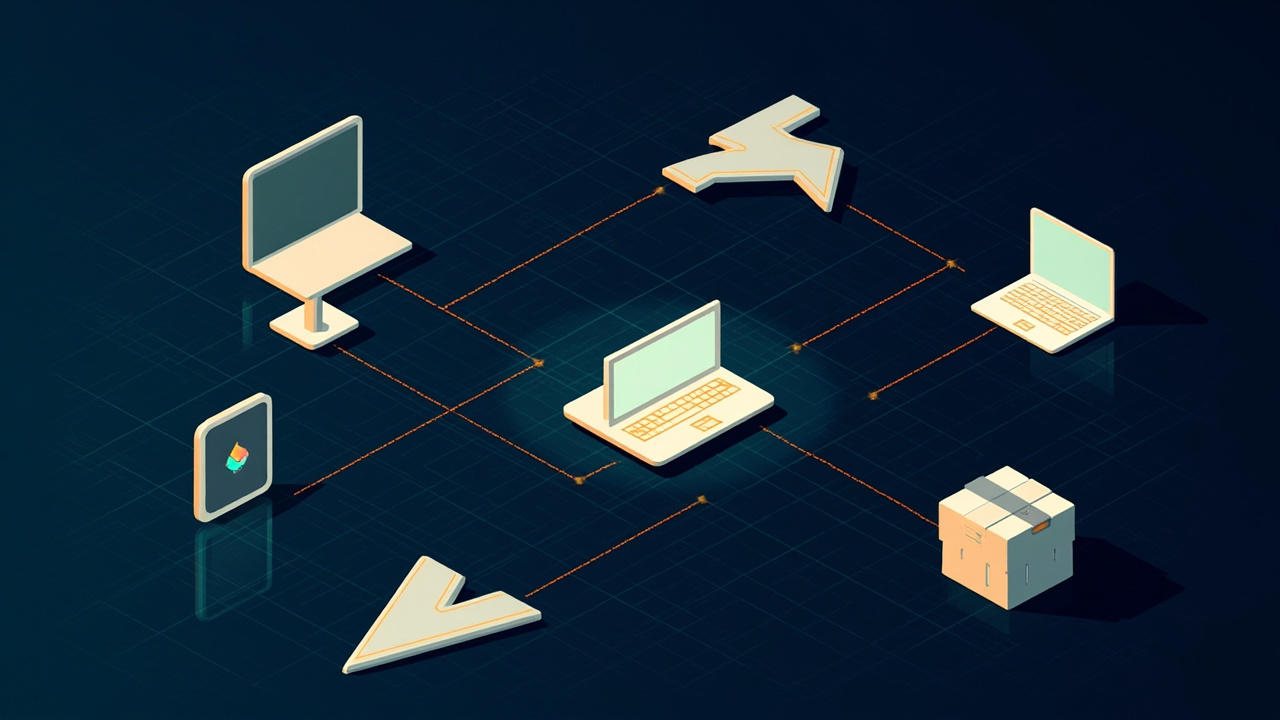 Isometric illustration of a browser window on a server platform, a lightning bolt shape, a cache box and a laptop