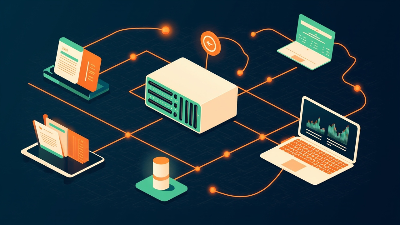 Isometric illustration of a green-tinted server block with many small sockets, event cards flowing in a loop, a laptop