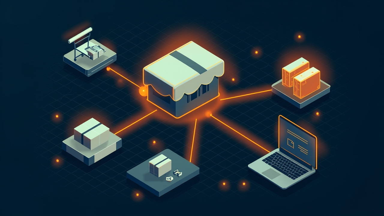 Isometric illustration of a storefront with a cart, a parcel, a card terminal and a laptop with product boxes