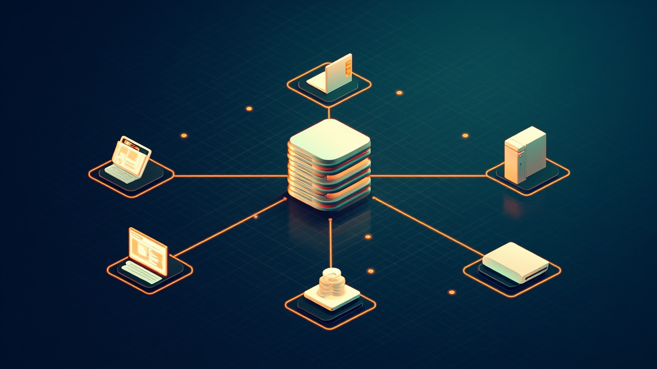 Isometric illustration of a server block, a database cylinder, a browser window, an elephant-shaped toy, a laptop