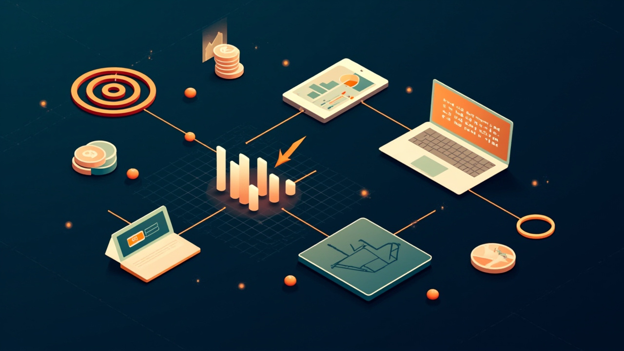 Isometric illustration of a target with an arrow, a coin stack, a bar chart, a search box and a laptop