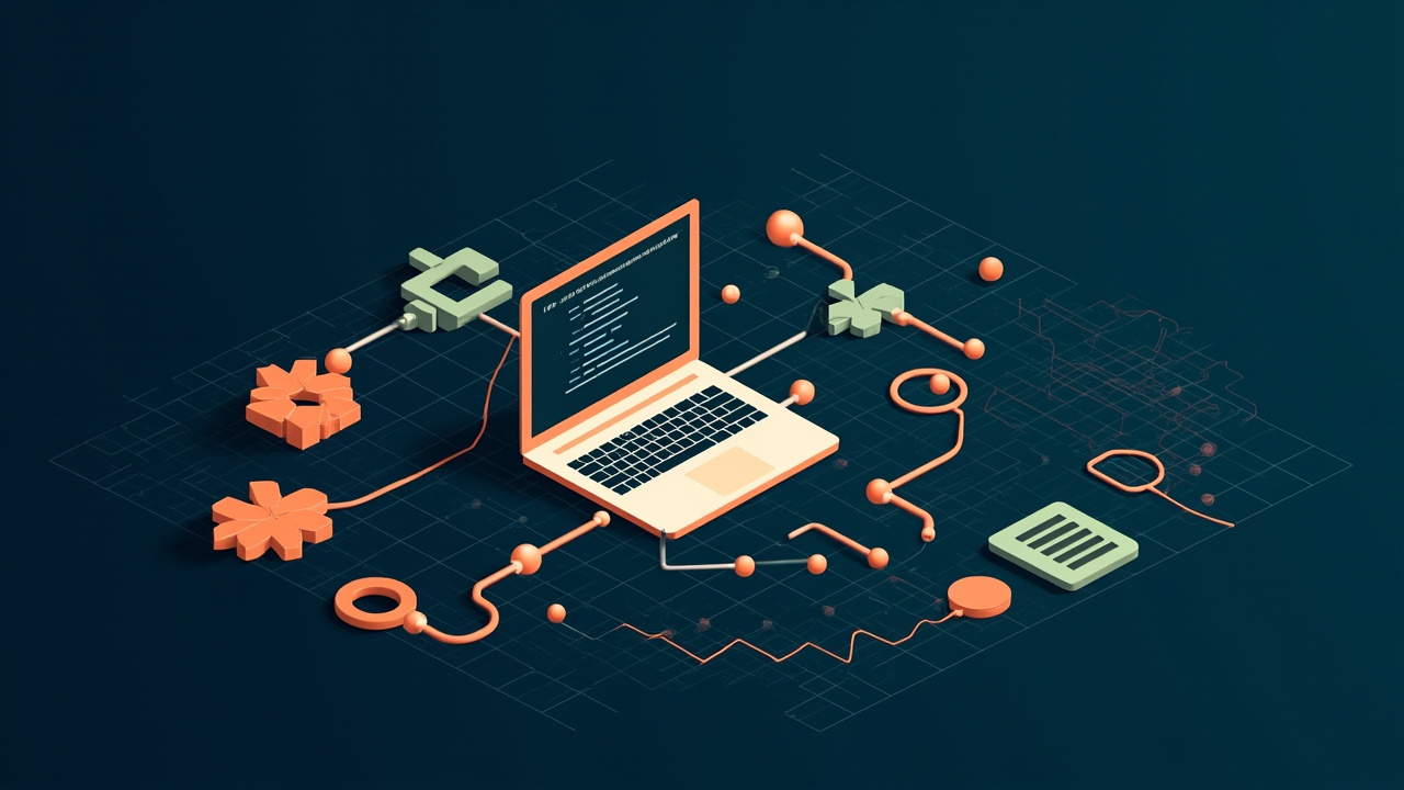 Isometric illustration of a laptop with a code-block window, a snake-shaped pipe coil, a data chart and a small robot arm