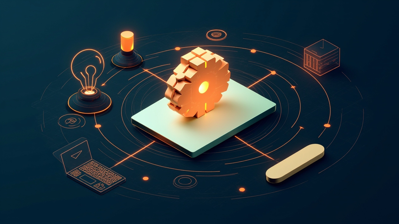 Isometric illustration of a browser window built from nested component blocks, an atom-shaped orbit sculpture, a laptop