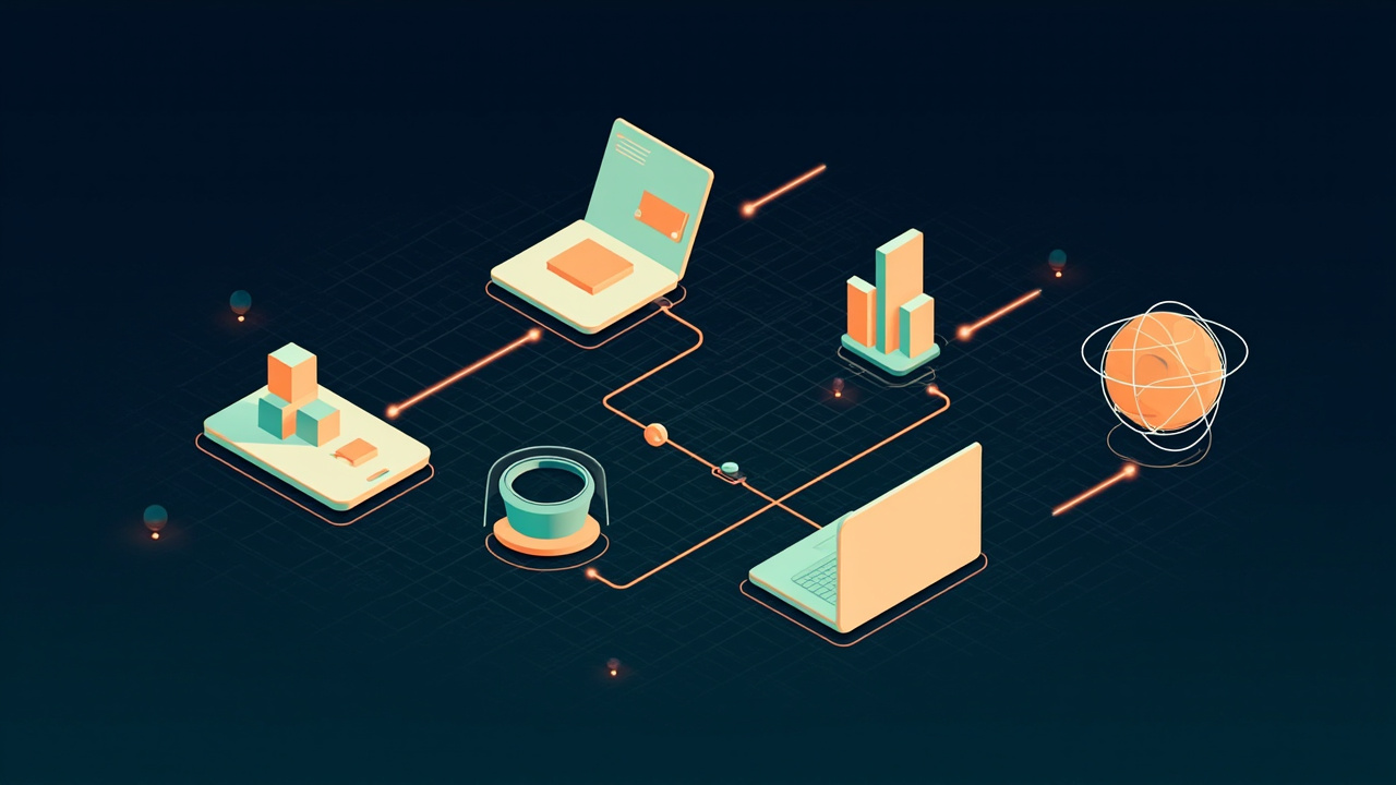 Isometric illustration of a phone and a tablet with one app of blocks, an atom-shaped orbit sculpture, a laptop
