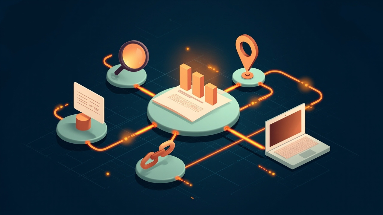 Isometric illustration of a magnifying glass over a web page, a podium of three bars, a map pin, a link chain and a laptop