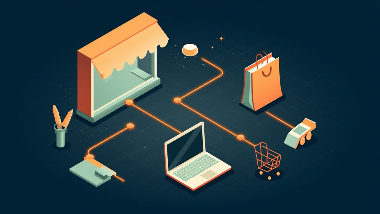 Isometric illustration of a storefront with an awning, a shopping bag, a cart, a card terminal and a laptop