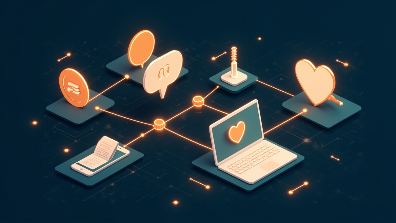 Isometric illustration of speech bubbles, a heart-shaped badge, a phone with a feed of cards, a megaphone and a laptop