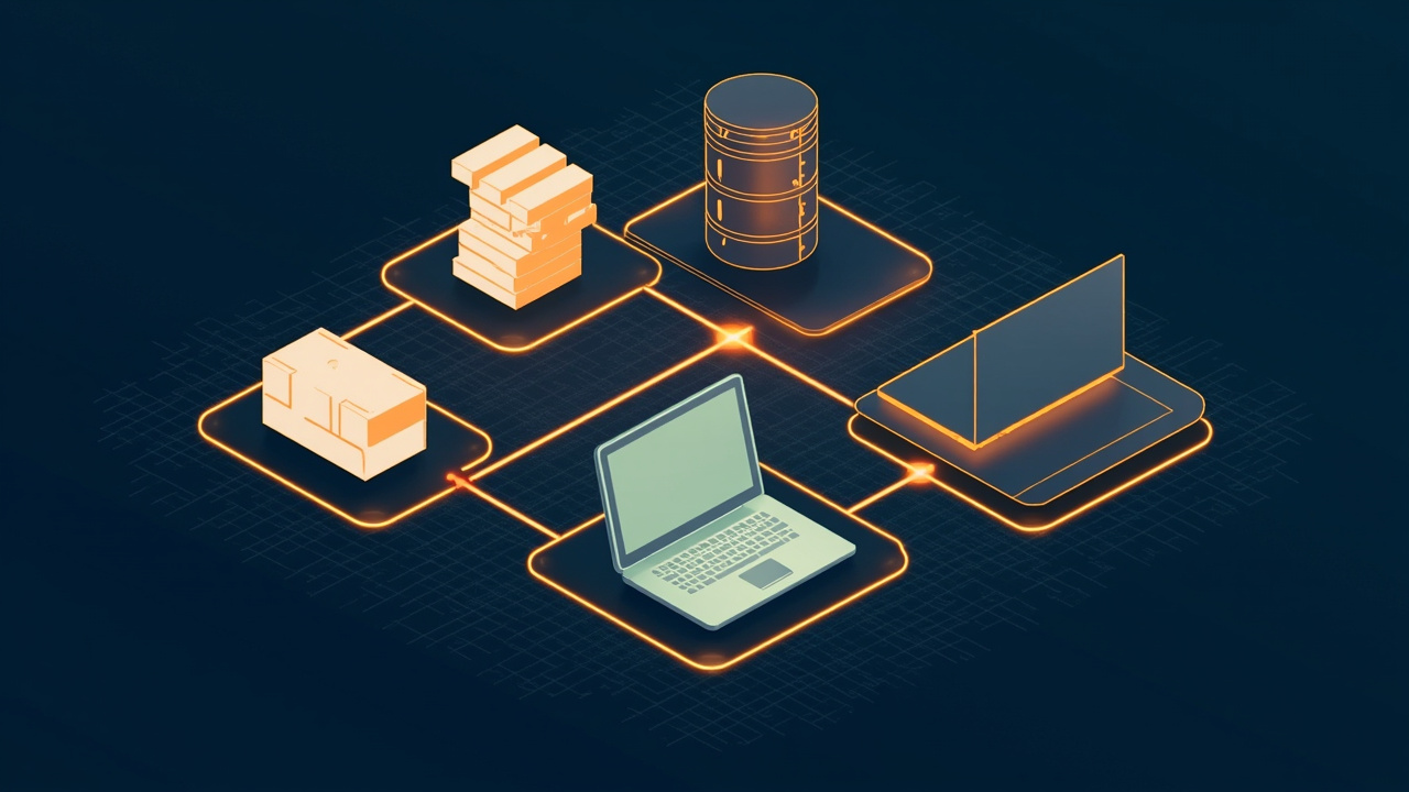 Isometric illustration of a stack of reusable component bricks, a server block, a database cylinder and a laptop