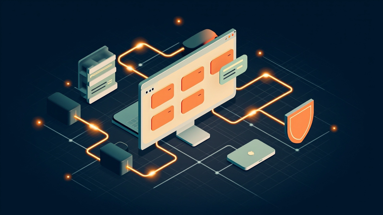 Isometric illustration of a browser window of blocks with type-label tags shaped as empty badges, a shield, a laptop