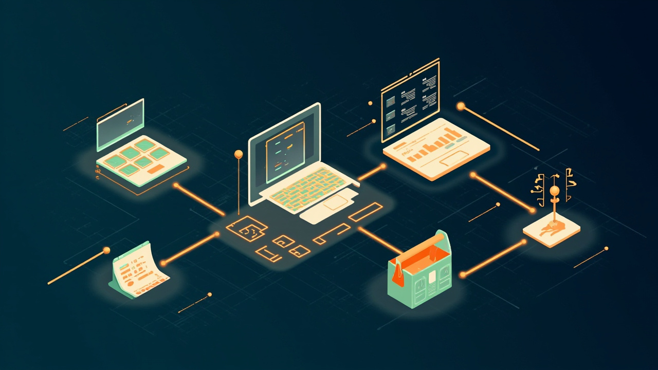 Isometric illustration of a browser window of green component blocks, a laptop, a toolbox and a flowchart