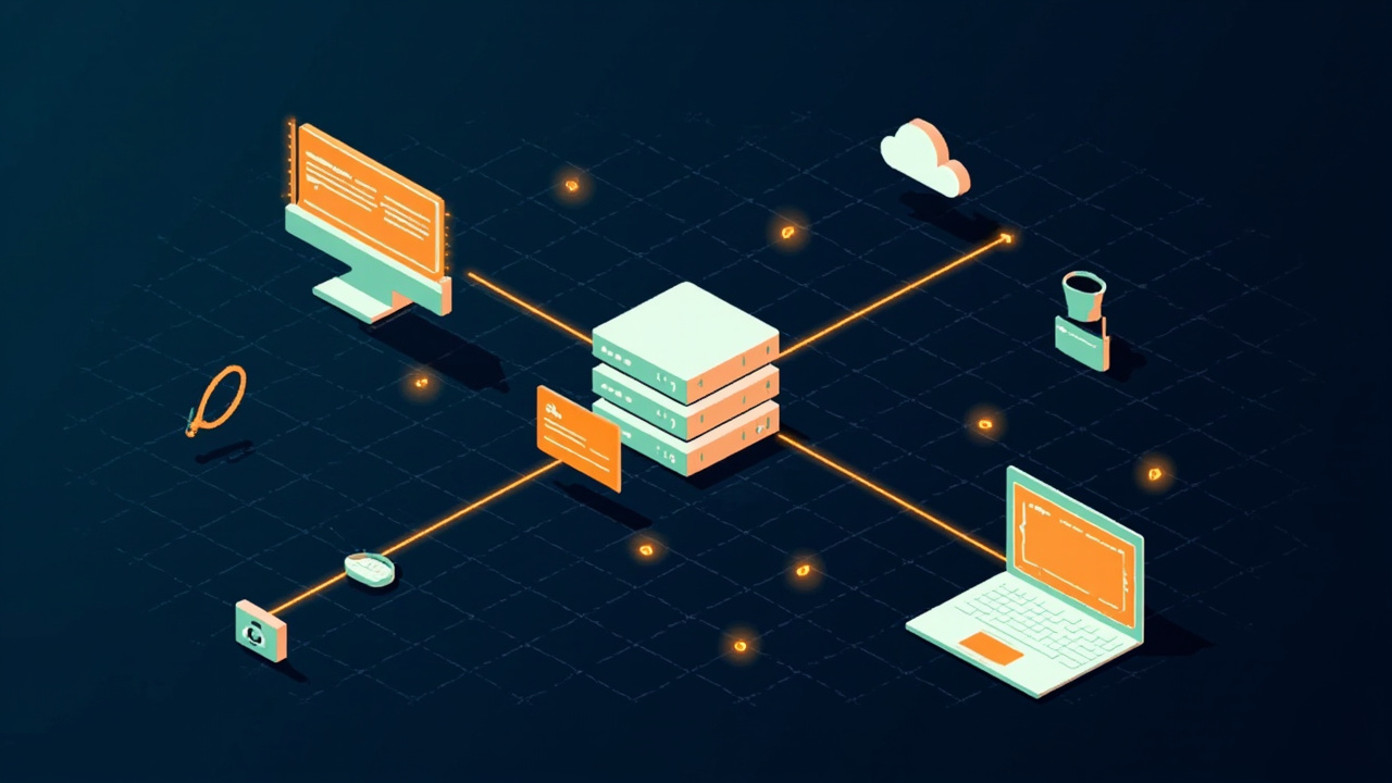 Isometric illustration of a browser window, a server block, a database cylinder, a phone and a laptop