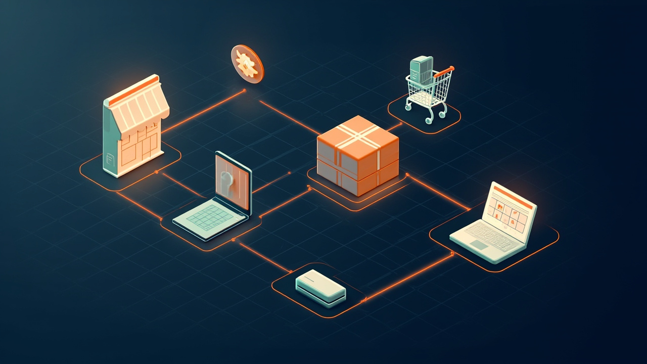 Isometric illustration of a storefront, a cart, a parcel, a card terminal and a laptop with a product grid