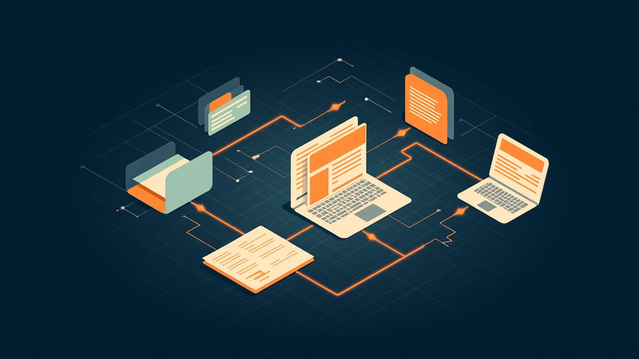 Isometric illustration of a browser window of content blocks, a stack of page cards, a plug, a laptop