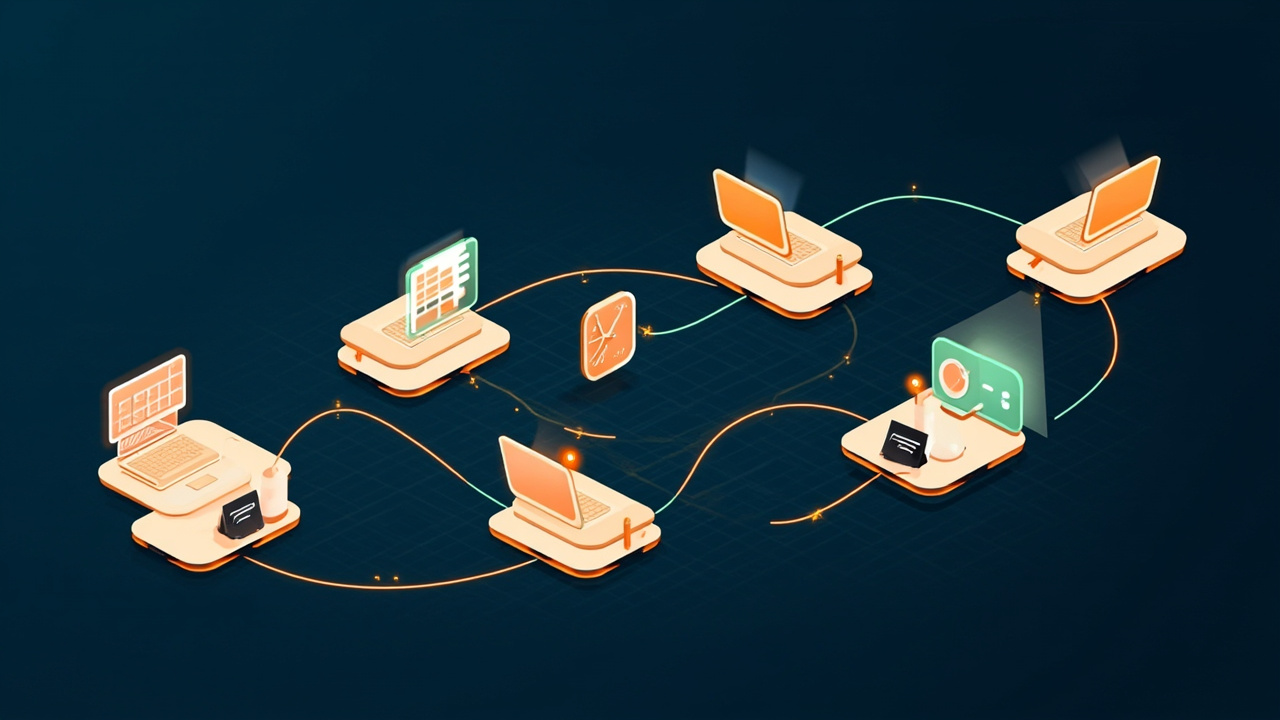 Isometric illustration of a row of desks with laptops, each desk with a different tool on it, a calendar grid and a clock