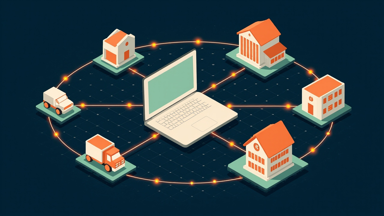 Isometric illustration of six small building blocks of different kinds around a central laptop: a hospital, a bank, a shop, a truck, a school, a hotel