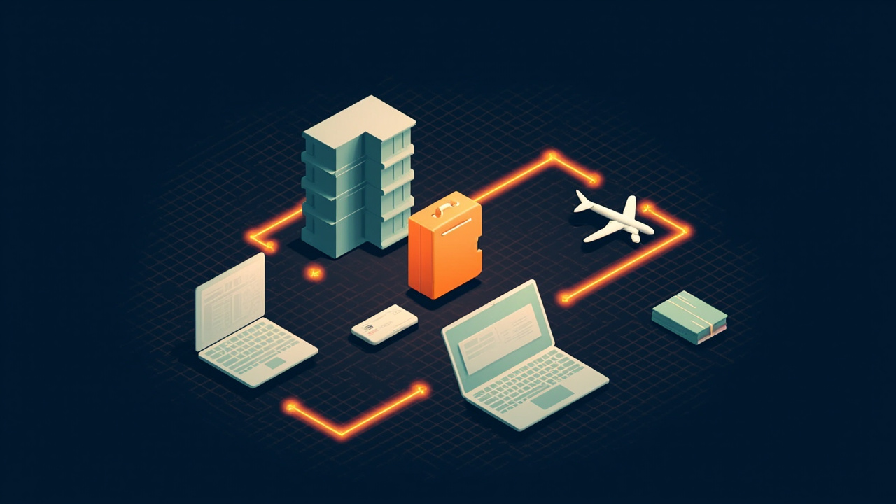 Isometric illustration of a hotel building block, a suitcase, an aeroplane, a key card, a calendar grid and a laptop