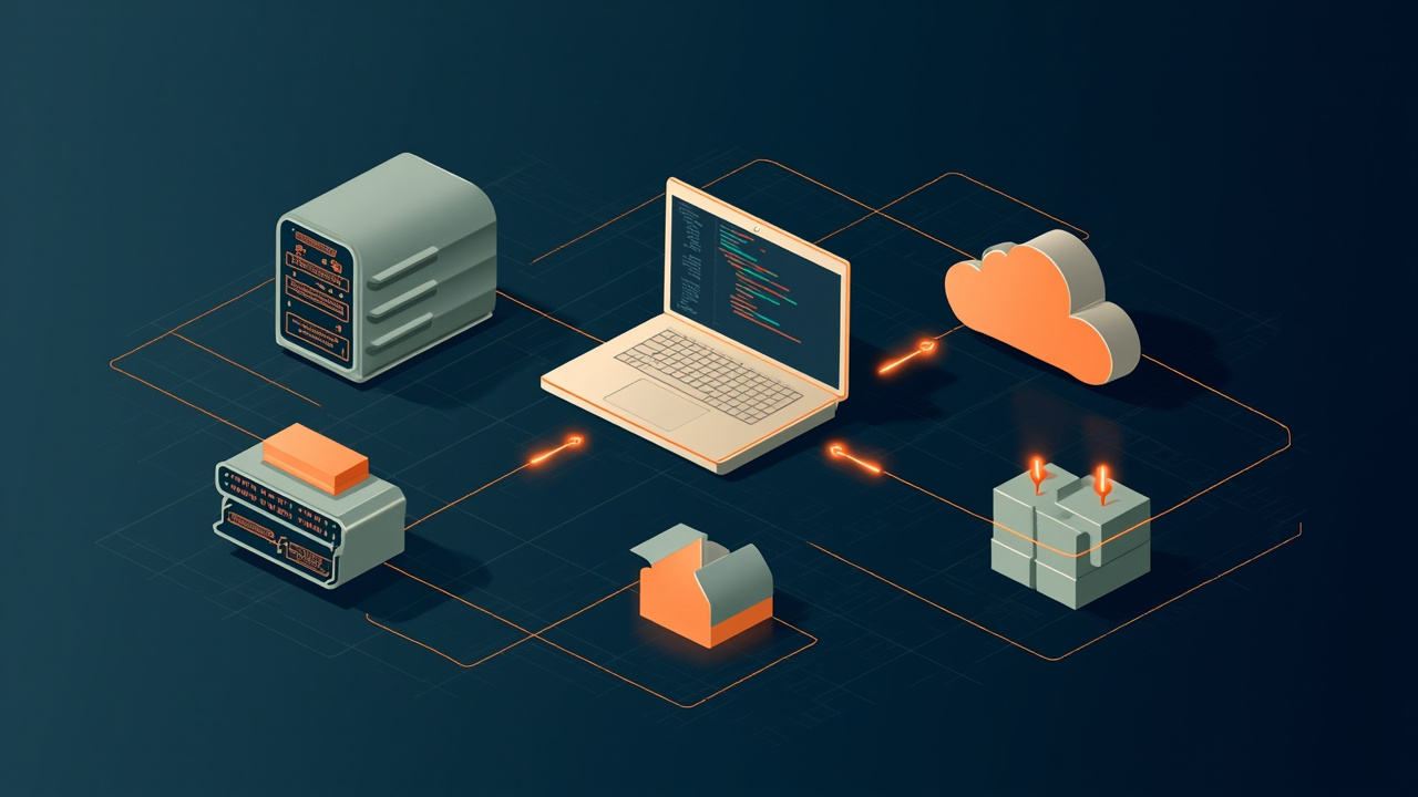 Isometric illustration of a server rack, a code-block window, a pipeline of pipes, a rocket-shaped block and a laptop