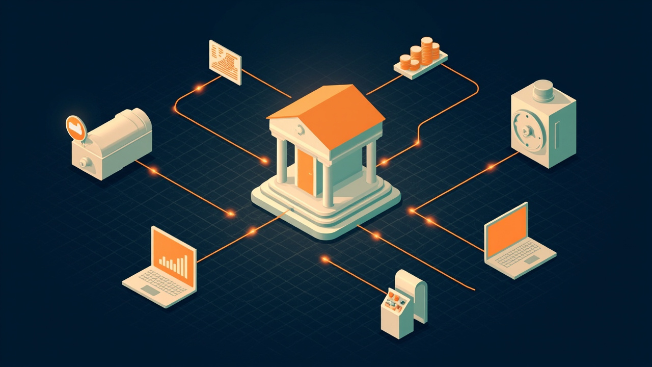 Isometric illustration of a bank building block, a vault door, a card terminal, coins, a balance chart and a laptop
