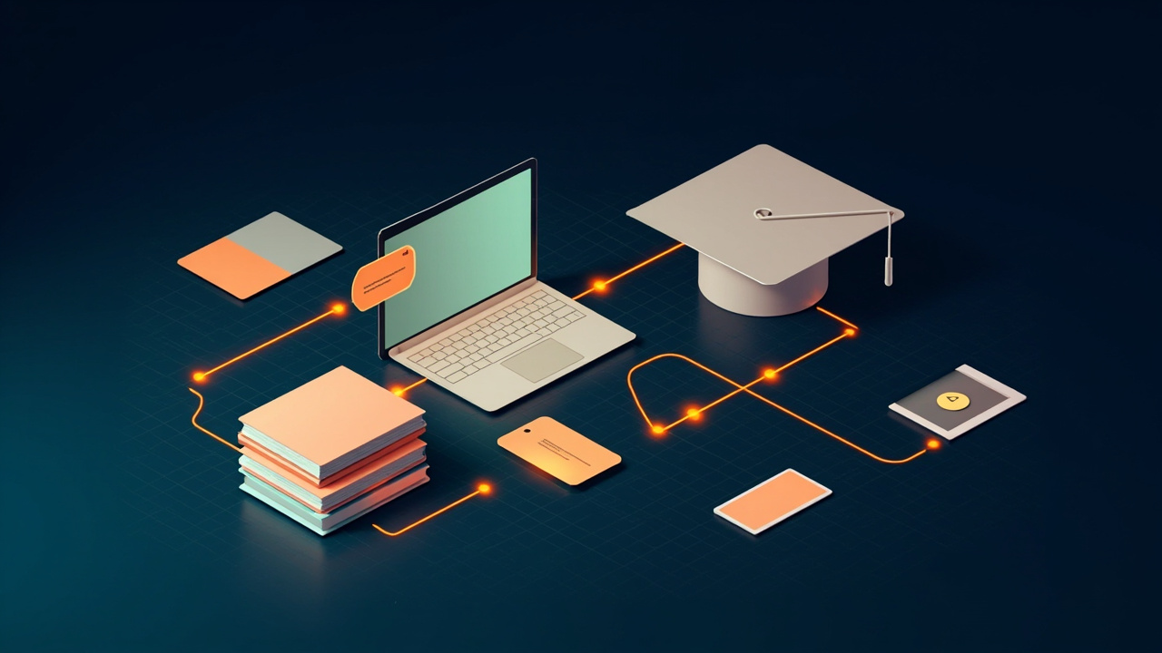 Isometric illustration of a laptop with a lesson card, a stack of books, a graduation-cap shaped block, a video play card and a tablet