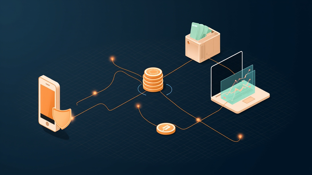 Isometric illustration of a phone with a wallet card, coins, a shield, a chart and a laptop