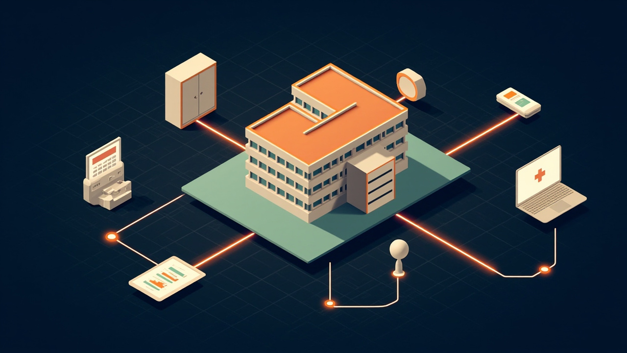 Isometric illustration of a hospital building block, a locked records cabinet, a calendar tablet, a stethoscope-free monitor and a laptop