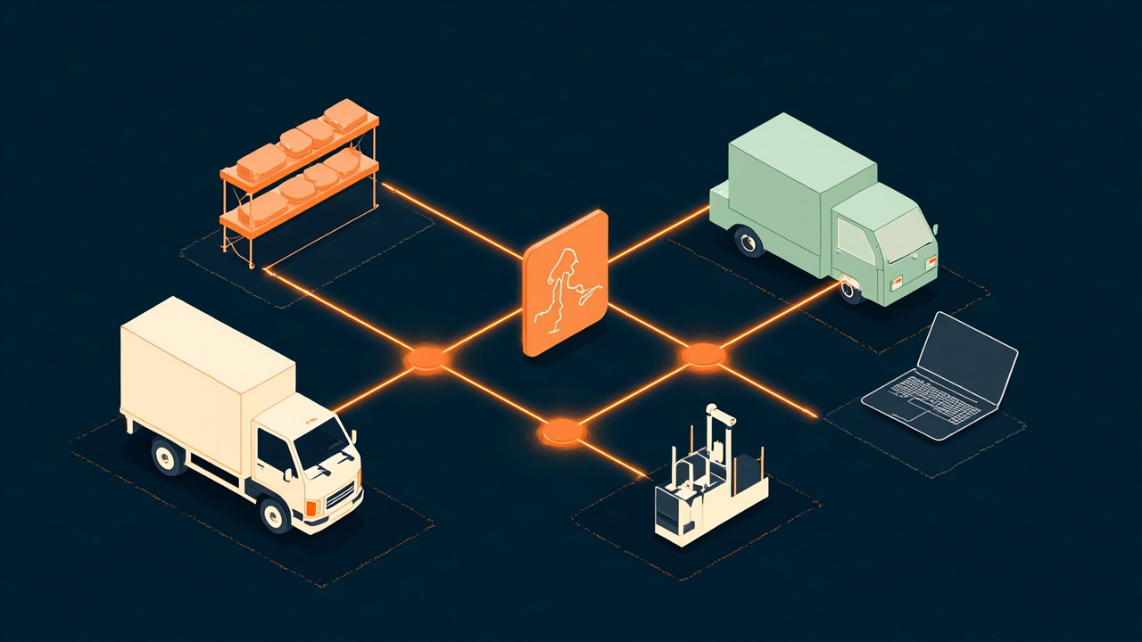 Isometric illustration of a truck, a warehouse shelf with parcels, a map tile with a route, a barcode-free scanner and a laptop