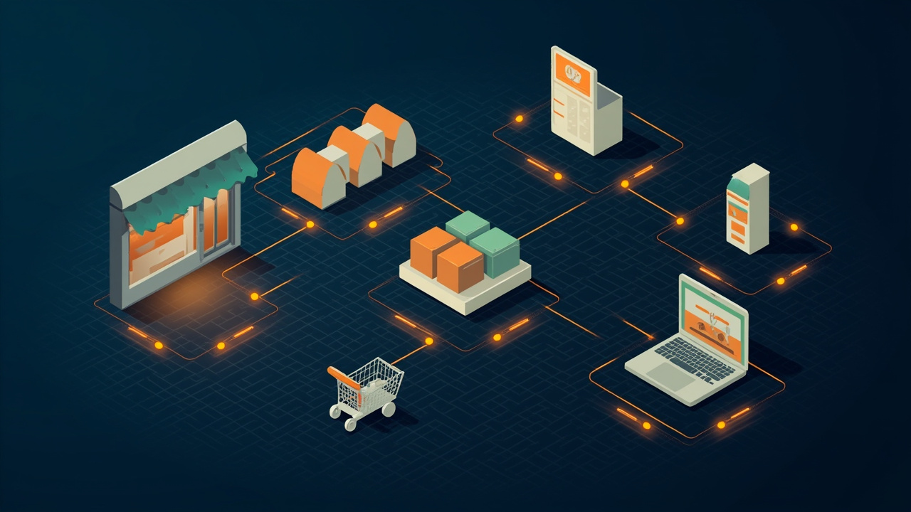 Isometric illustration of a storefront, a till, a shelf of boxes, a cart, a phone and a laptop