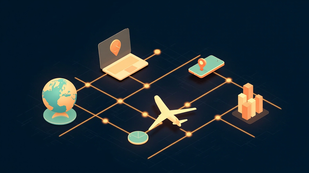 Isometric illustration of a globe with map pins, a laptop, a phone, an aeroplane and a cluster of city blocks joined by glowing lines