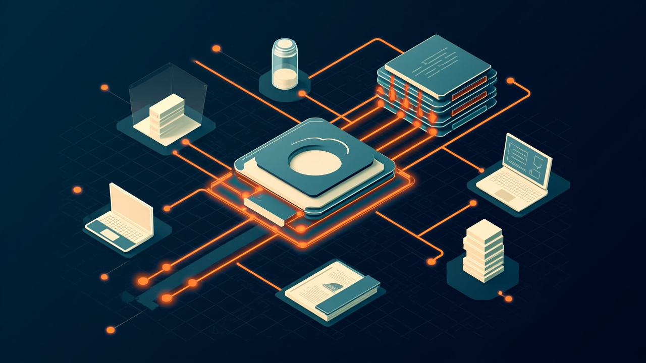 Isometric illustration of data cards flowing into a processor block and out as sorted stacks, a chart and a laptop