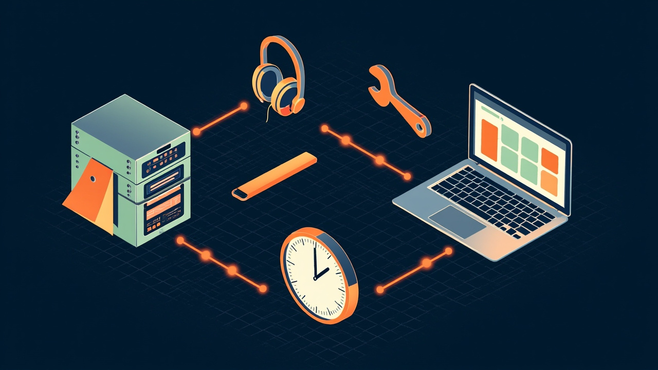 Isometric illustration of a server rack with a toolbox, a wrench, a headset, a clock and a laptop with a status board of tiles