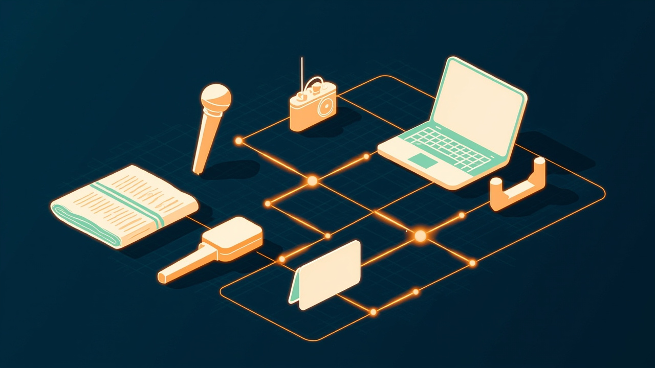 Isometric illustration of a microphone, a camera, a folded newspaper, a radio and a laptop joined by glowing lines