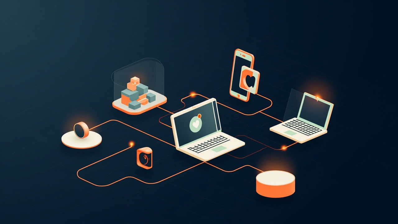 Isometric illustration of a phone, a tablet and a smartwatch with one app of blocks, a laptop and an app-store box