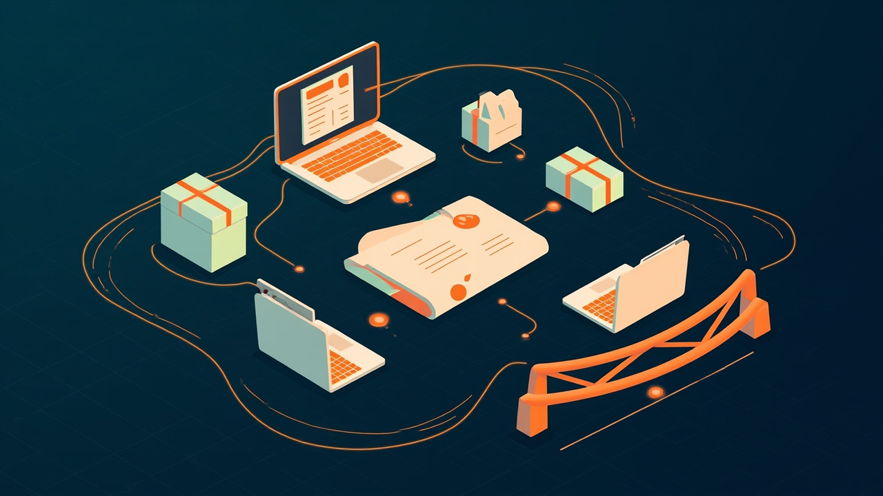 Isometric illustration of two laptops facing each other on a shared desk, a contract scroll with a seal, parcels and a bridge of pipes