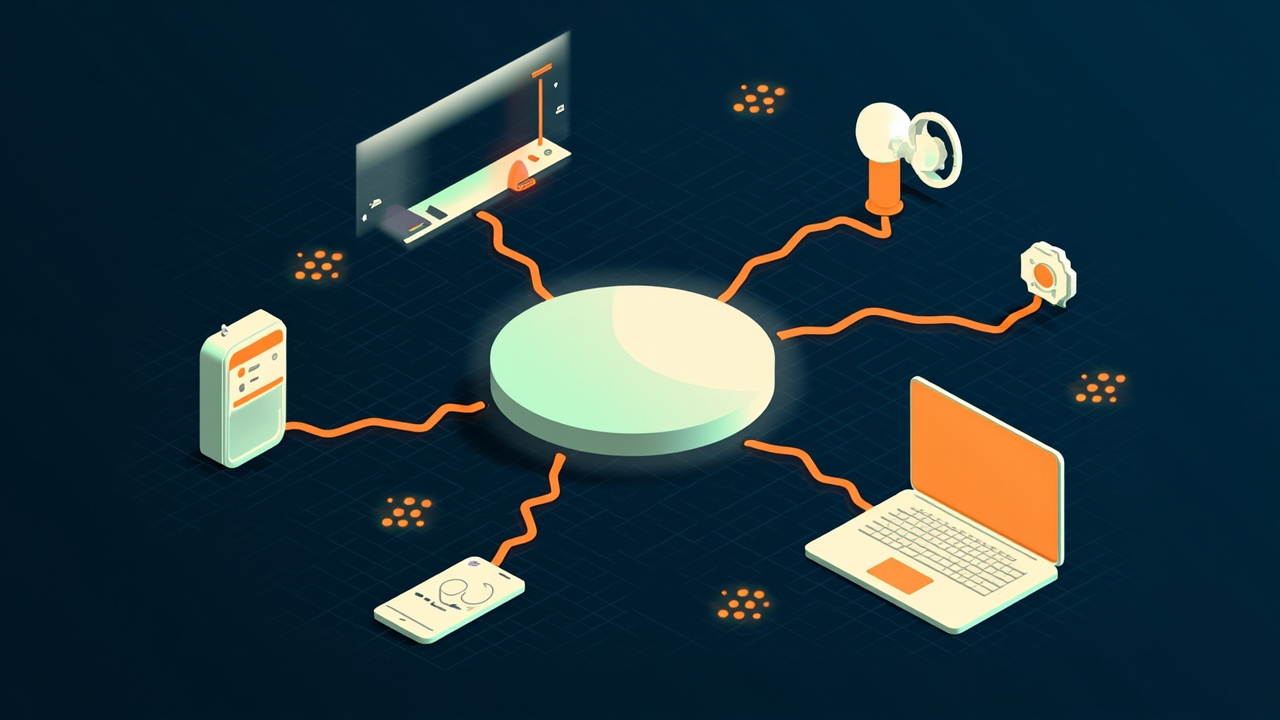 Isometric illustration of a spotlight on an empty podium, a camera, a phone with a feed, a microphone and a laptop