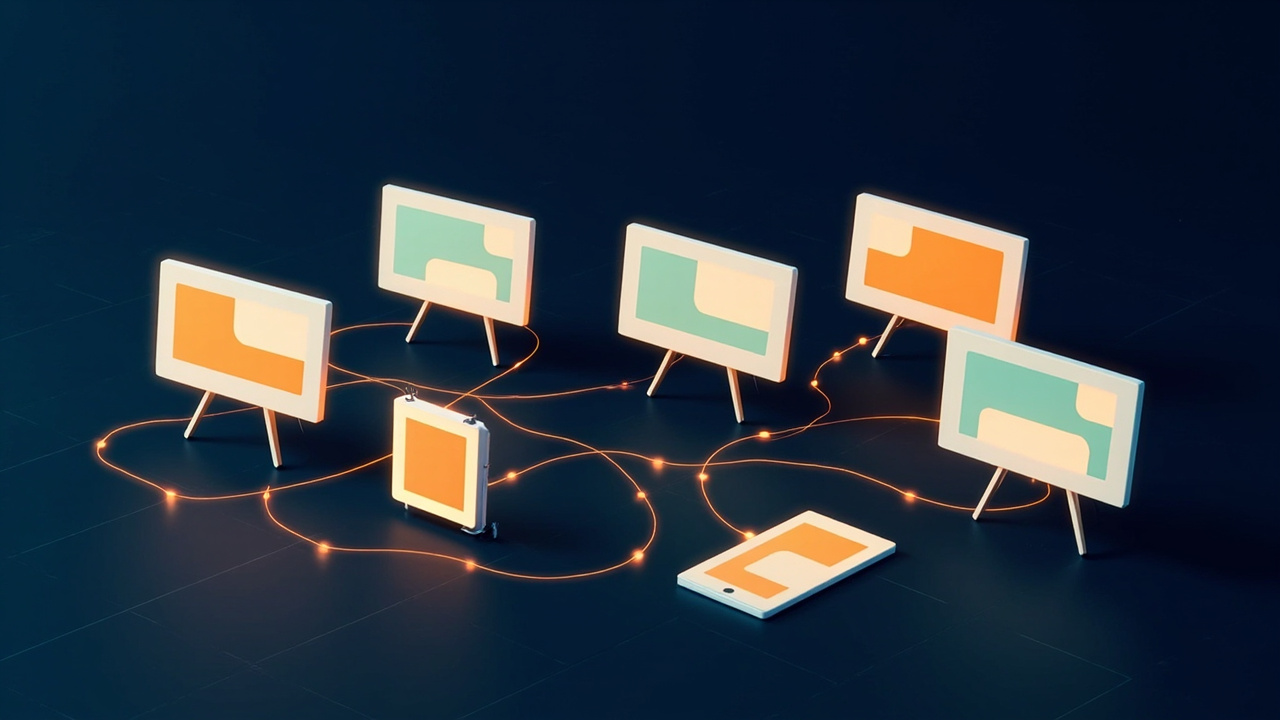 Isometric illustration of framed screens on easels showing different layouts, with a tablet and a phone in front