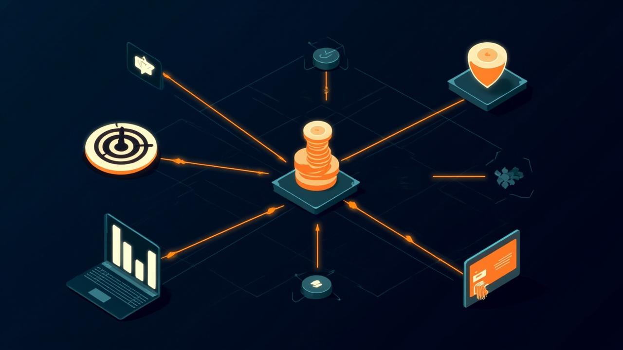 Isometric illustration of a target with an arrow, a coin stack, a search box, a bar chart and a laptop