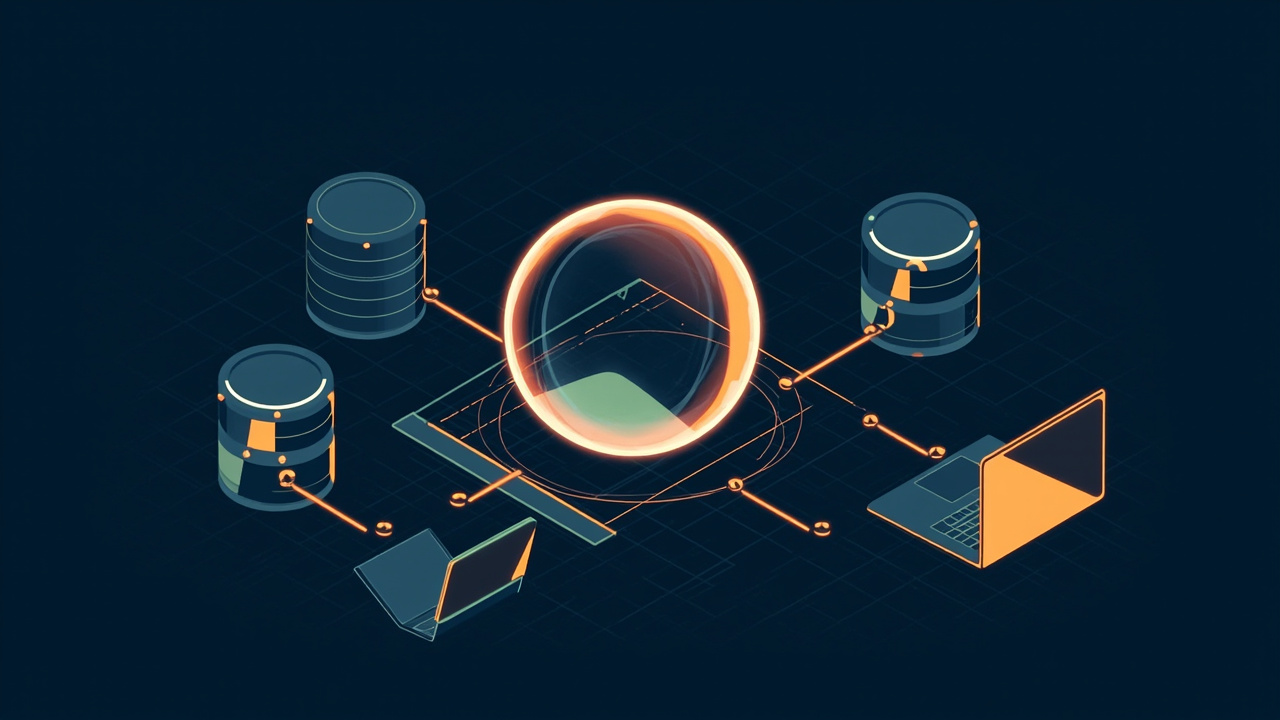 Isometric illustration of a crystal-ball shaped sphere above a chart with a dotted forecast line, database cylinders and a laptop