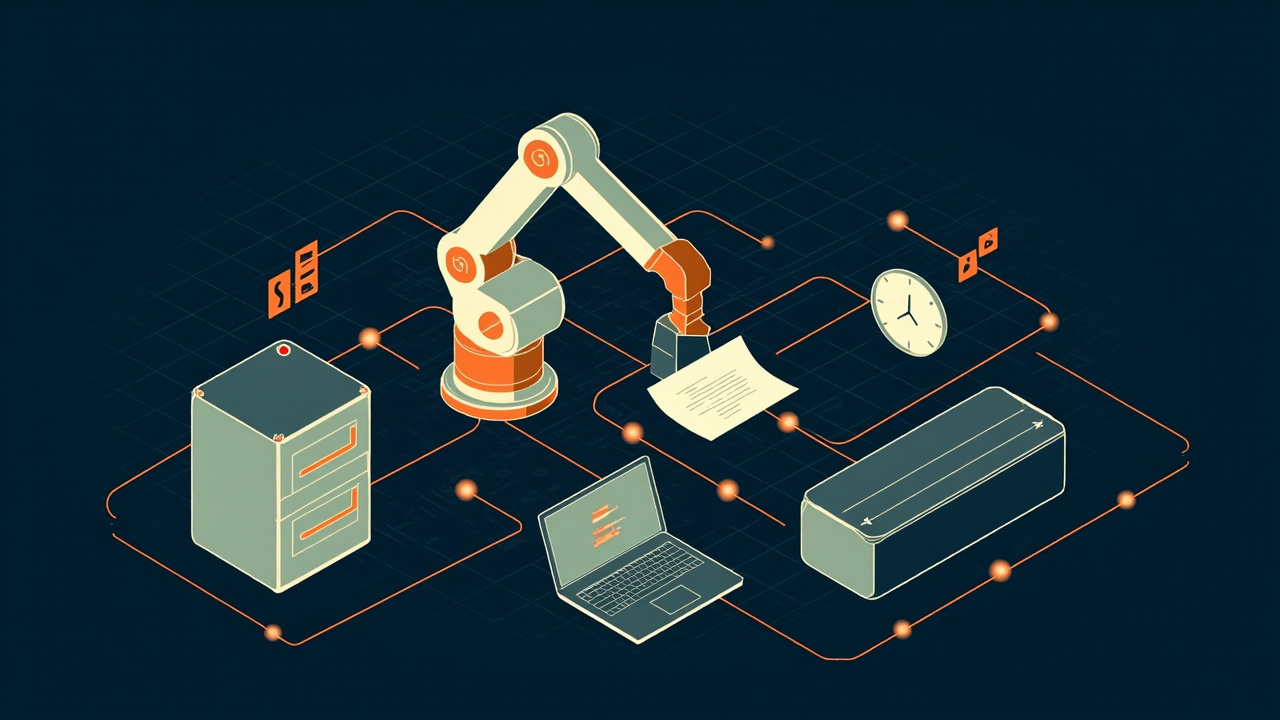 Isometric illustration of a robot arm moving documents between a filing cabinet and a laptop, a conveyor and a clock