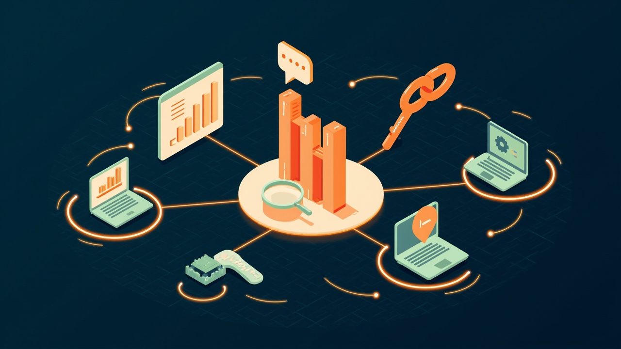 Isometric illustration of a magnifying glass over a web page, a podium of bars, a link chain, a map pin and a laptop
