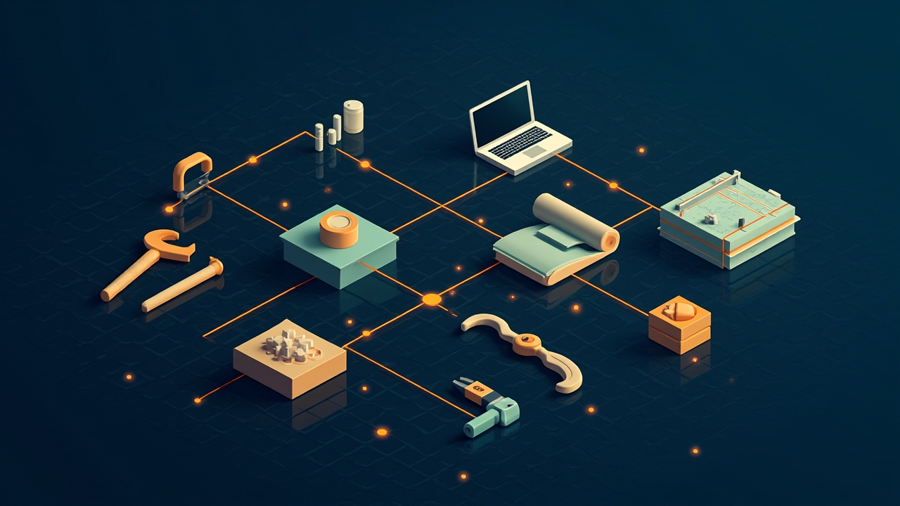 Isometric illustration of a workbench with six different tools laid out in a row, a laptop and a blueprint of boxes